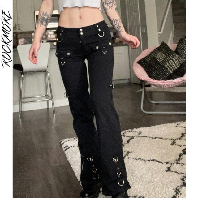 Rockmore Gothic Skinny Low Waist Jeans Woman Punk Cargo Pants Rivet Dark Academic Black Denim Trousers Capri Fashion Streetwear L black