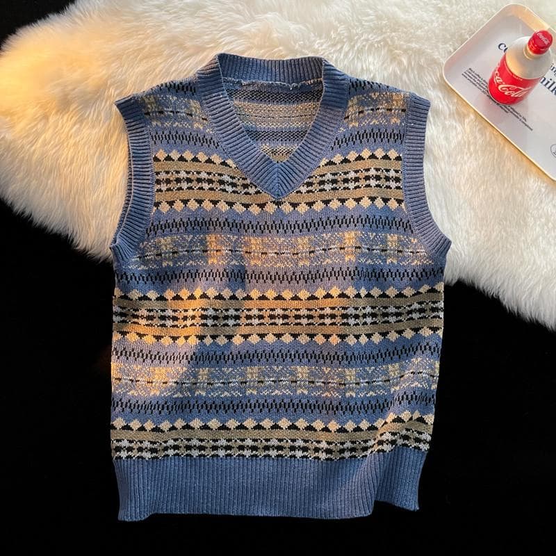 Men's Retro V-Neck Knitted Vest - Japanese Spring Style, Loose Fit L blue
