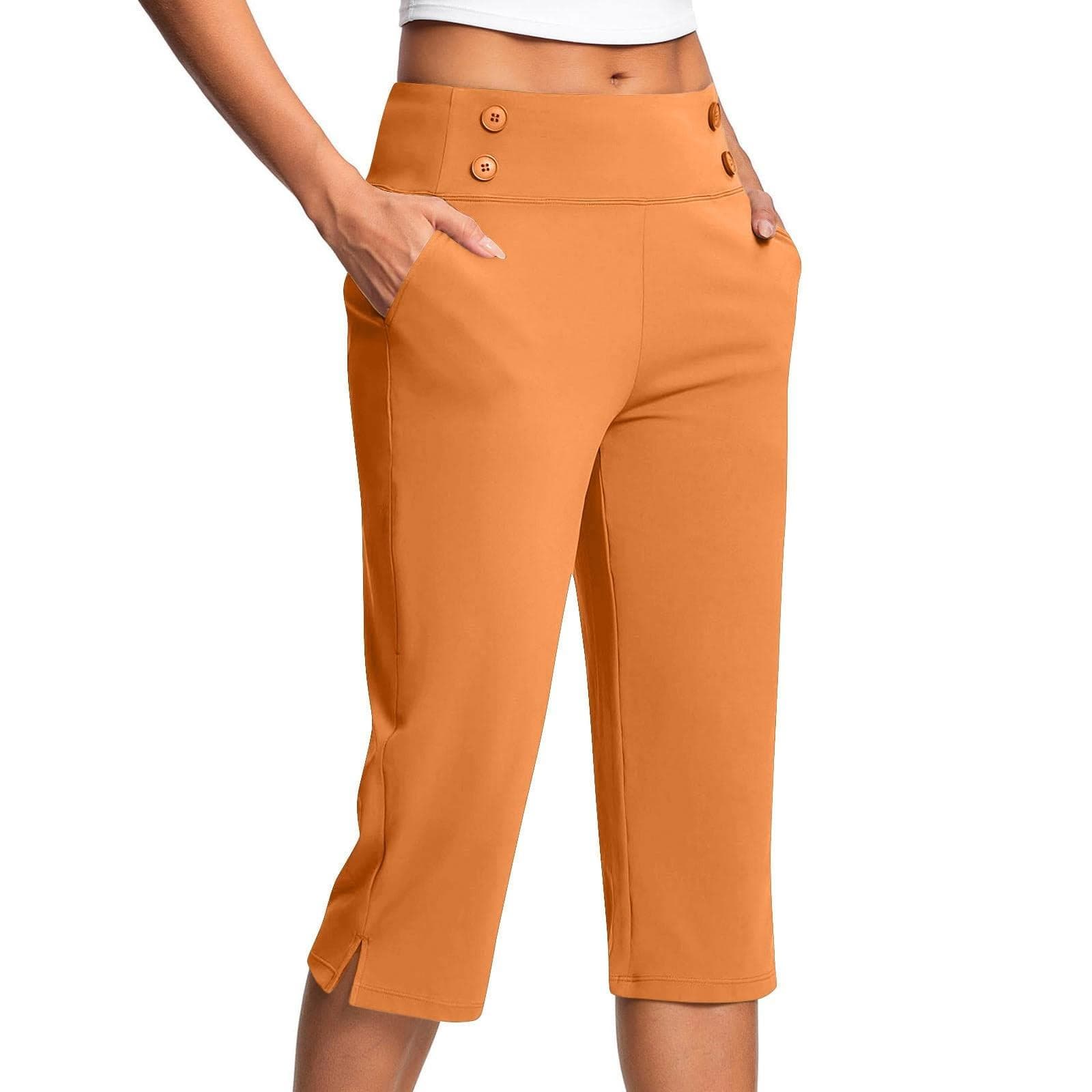 Women's Fashionable Solid Color Button Pocket Pants With Split Hems High Waist Sports Yoga Casual Cropped Pants S orange