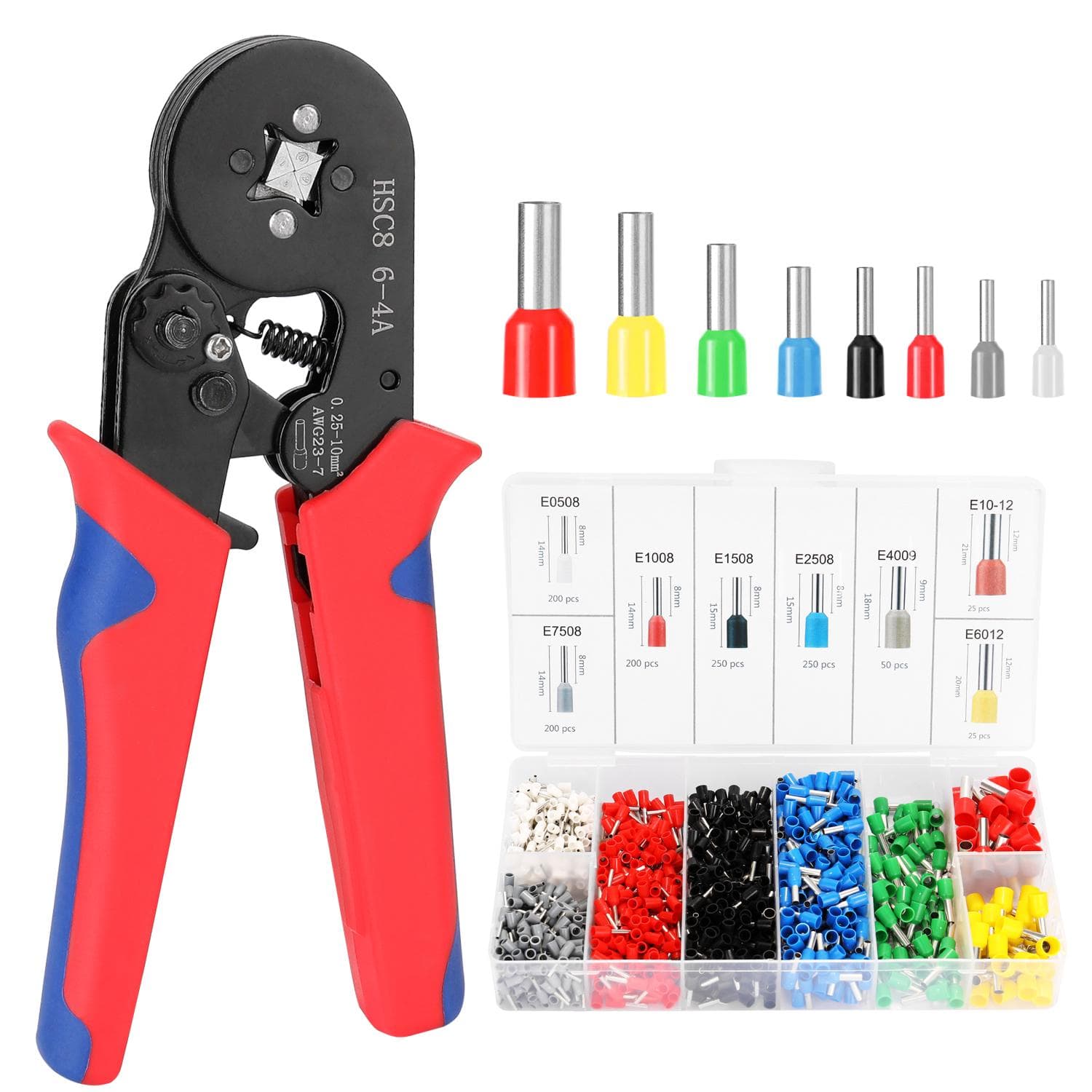 HSC8 6-4 0.25-10msquare meters AWG23-7 Ferrule Crimping Tool Kit High Hardness Crimper Plier with 1200pcs Wire blue