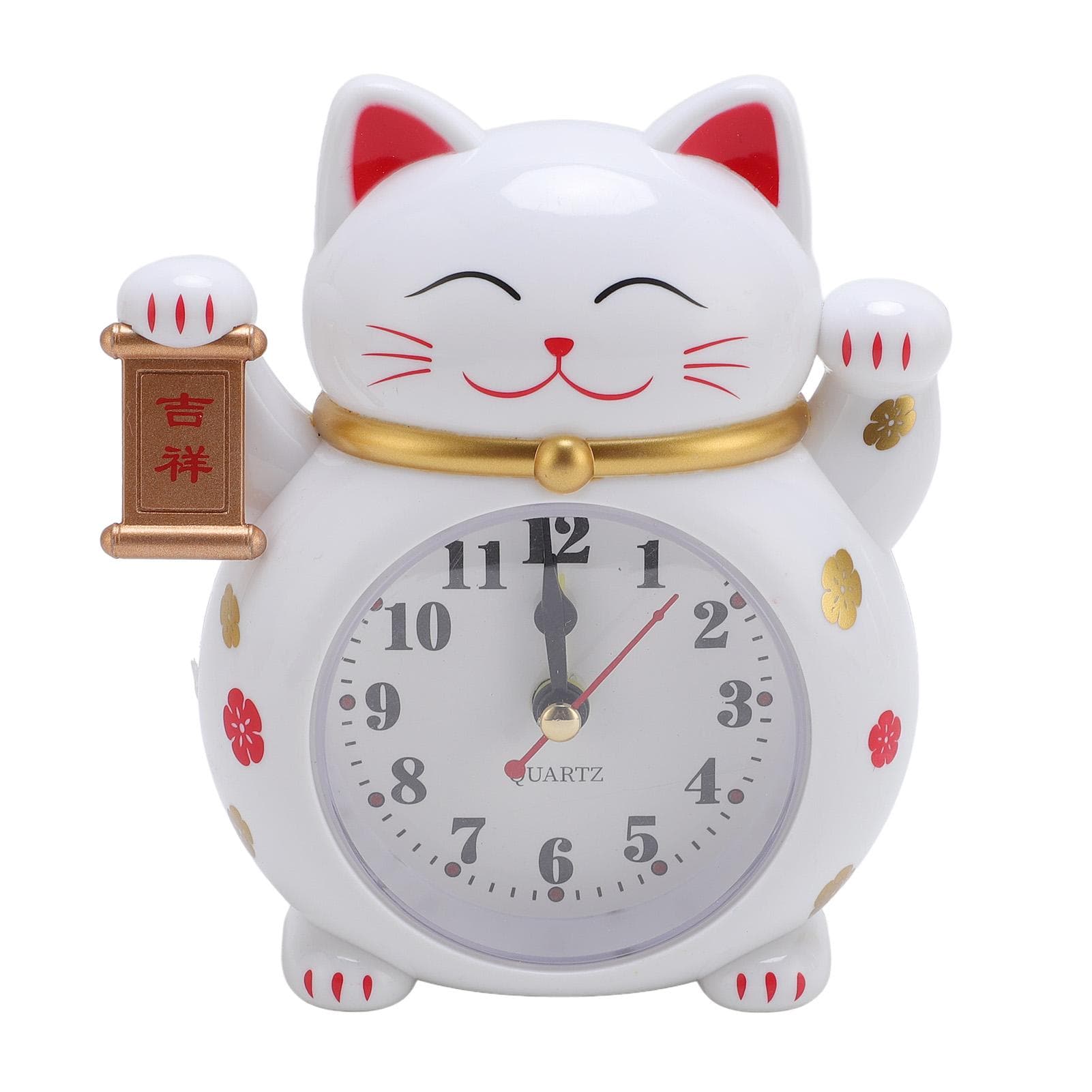 Lucky Cat Clock Accurate Plastic Cute Cartoon Good Lucky Cat Alarm Clock for Home White YF2025B white