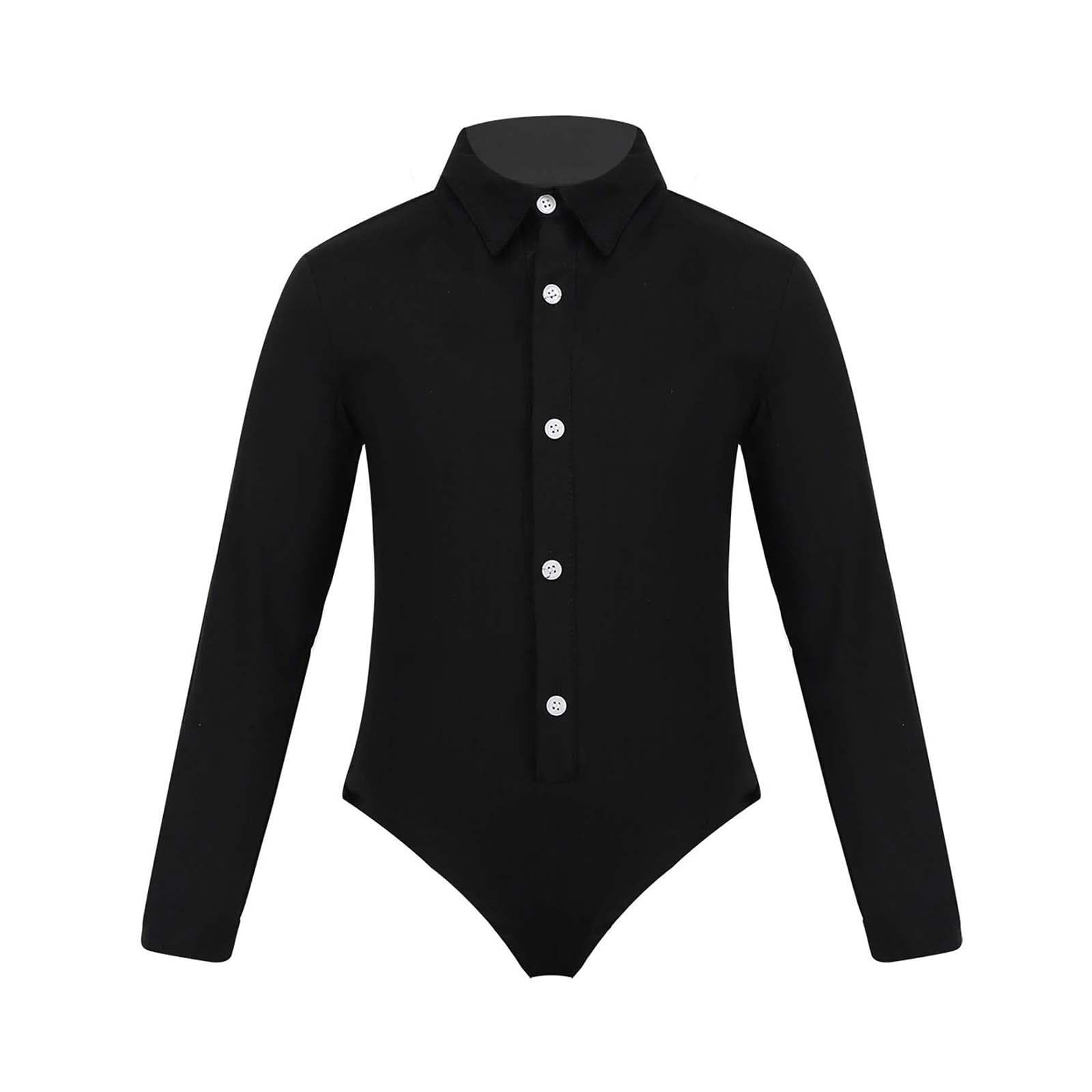Boys Modern Latin Dance Costume Long Sleeve Lapel Romper Leotard Bodysuit One Piece Performance Wear for Kids 7-8 Years black