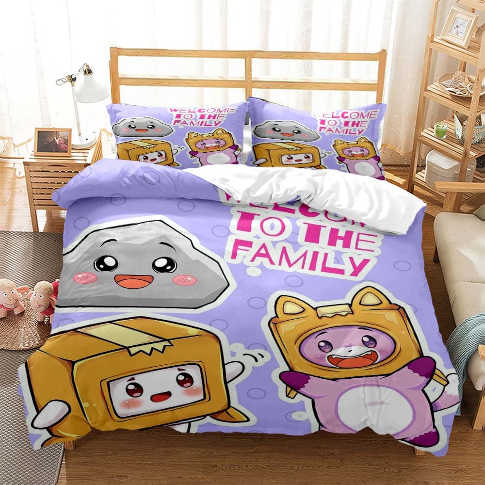 Lankybox Foxy Boxy Cute Cartoon 3D printed bedding Queen bedding set Customized King size bedding set Soft and comfortable EU single(135x200cm)