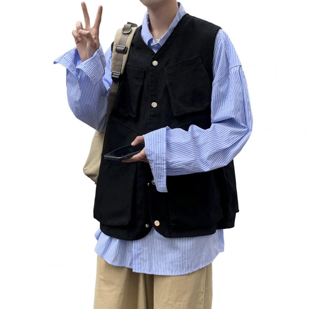 Men Cargo Waistcoat Sleeveless Single Breasted Multi Pockets Design Solid Color Sports Vest Outdoor Street Wear M black