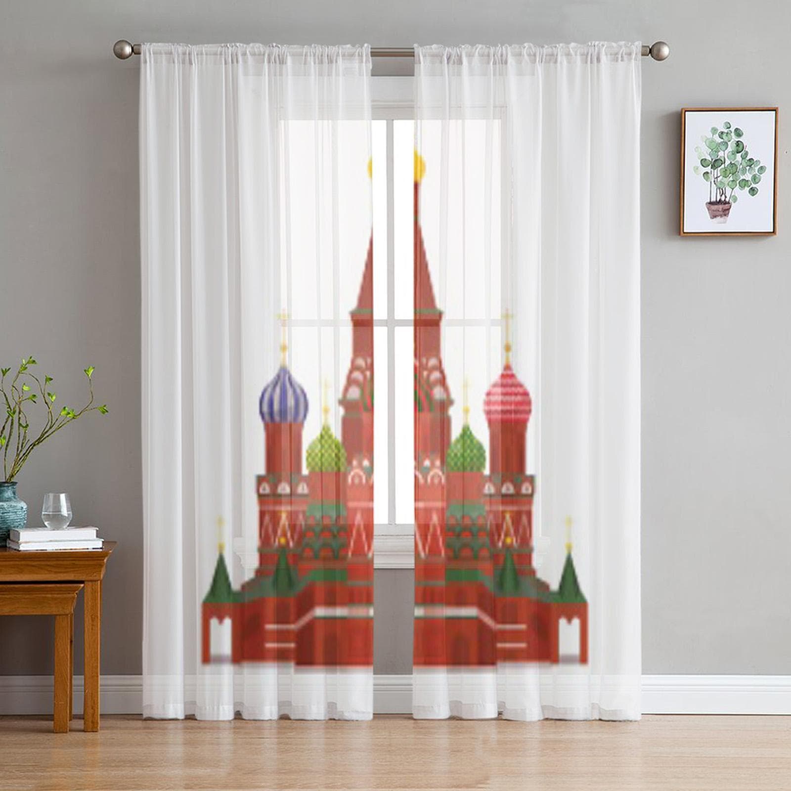 Moscow St Basil Cathedral Illustration Chiffon Sheer Curtains for Living Room Bedroom Window Curtain Voiles Tulle Cortinas 135W x 114H(cm)