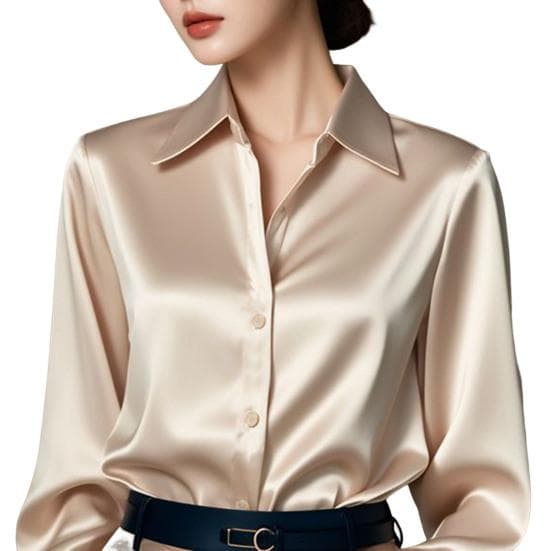 Women Shirt Solid Color Smooth Satin Long Sleeve Lapel Casual Tops Single Breasted 2XL champagne