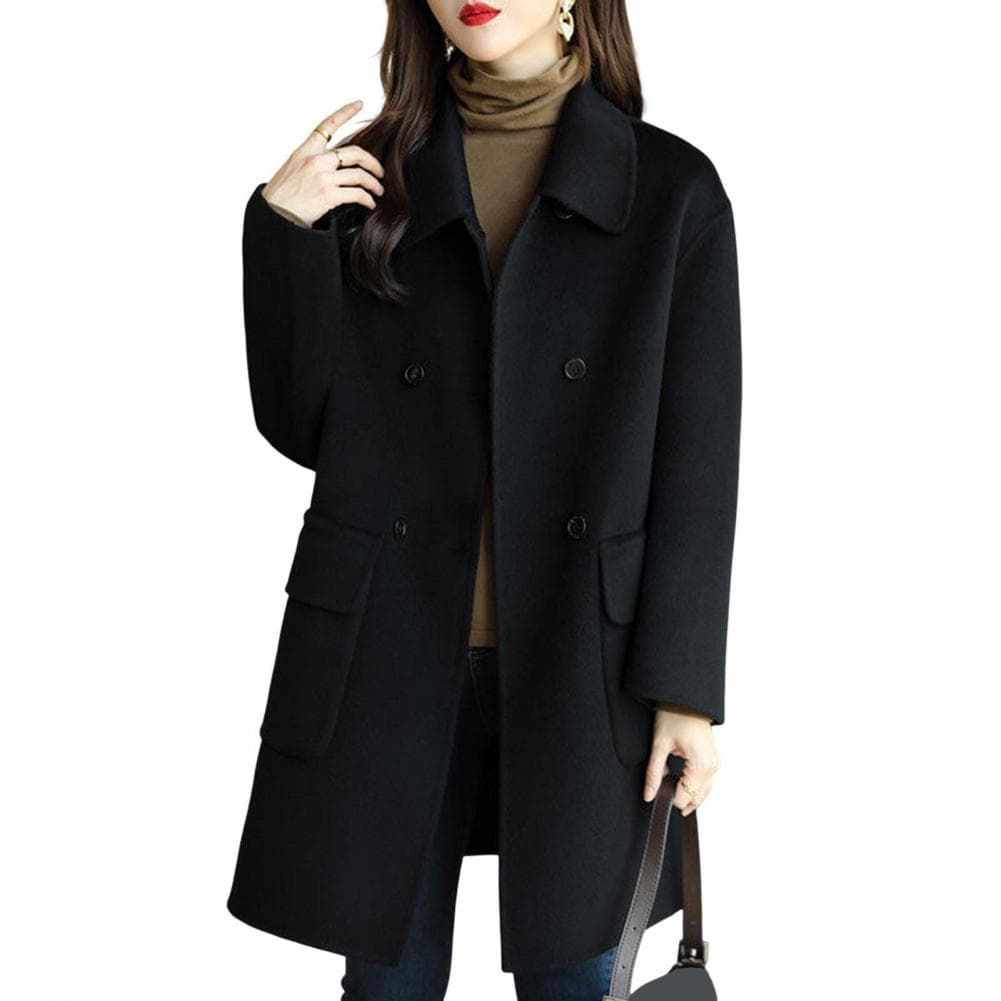 Women Jacket Turn-down Collar Long Sleeves Double-breasted Windbreaker Loose Pockets Mid Length Outdoor Travel Commuting Overcoa M black