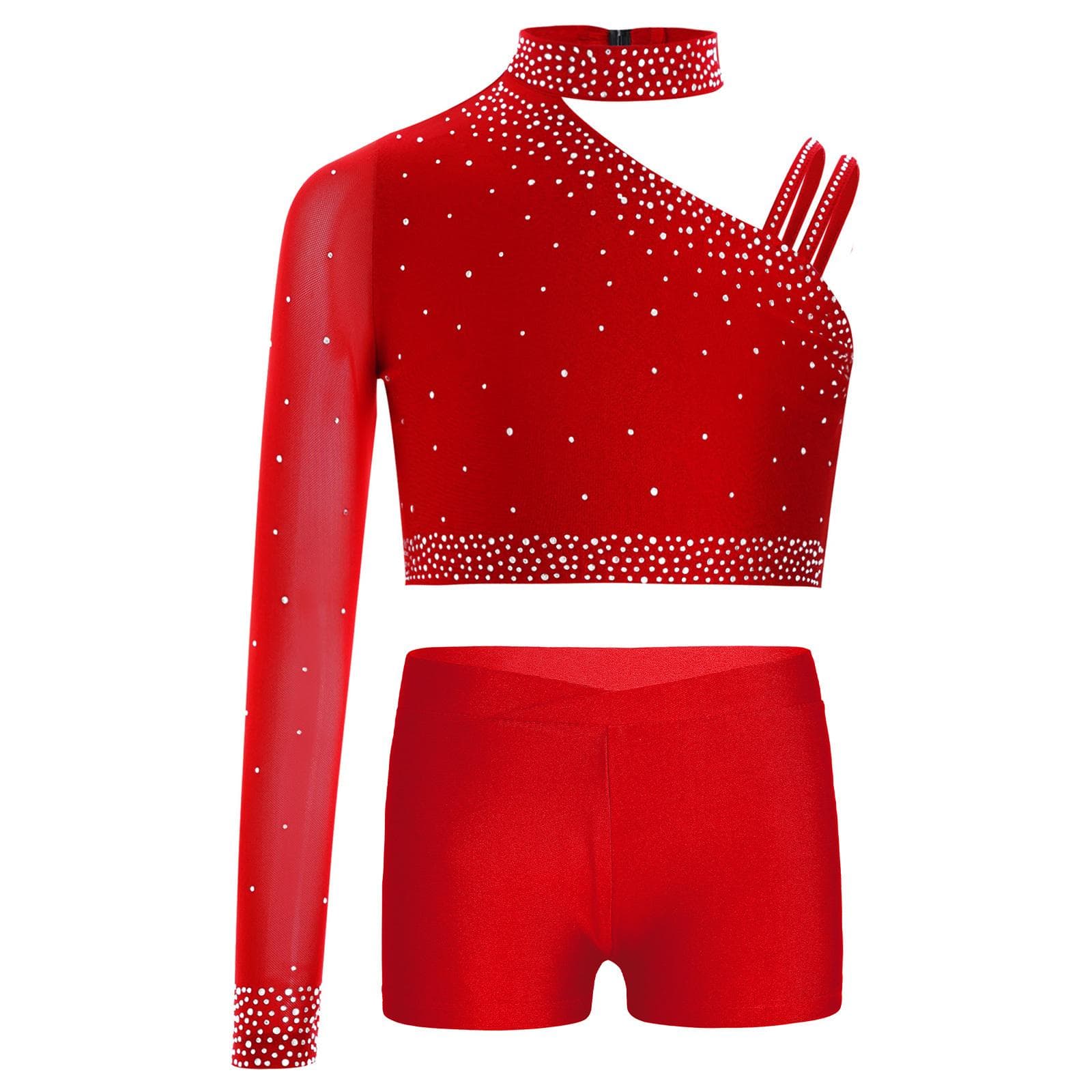 Girls Sparkly Dance Top Irregular Shoulder Crop Top V Front Waistband Shorts Rhinestone Stage Costume 11-12 Years red