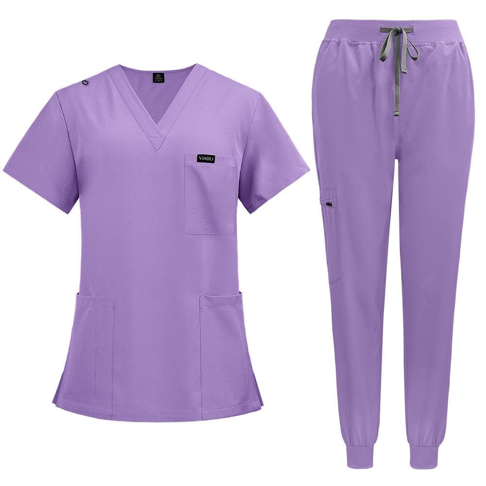 Scrubs for Women Set Jogger Pants Henley Two Piece Tops and Pants V Neck Stretchy Nurse Working Uniform with Pocket M light purple