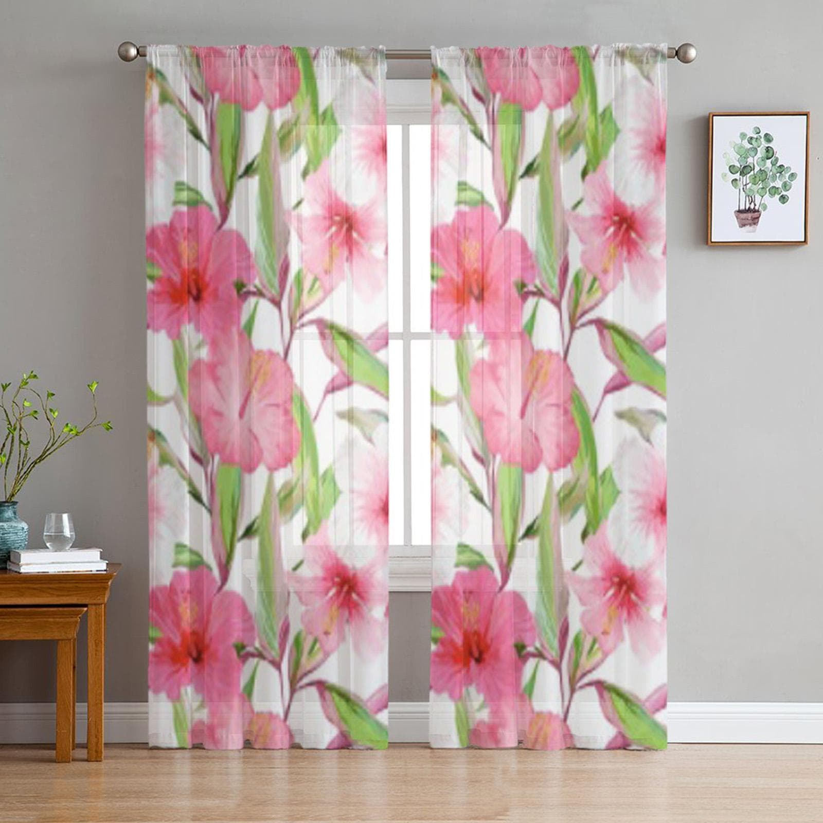 Tropical Flowers Leaves Sheer Curtains for Living Room Transparent Tulle Window Curtain Bedroom Kitchen Home Decor Veil Drapes 135W x 114H(cm)