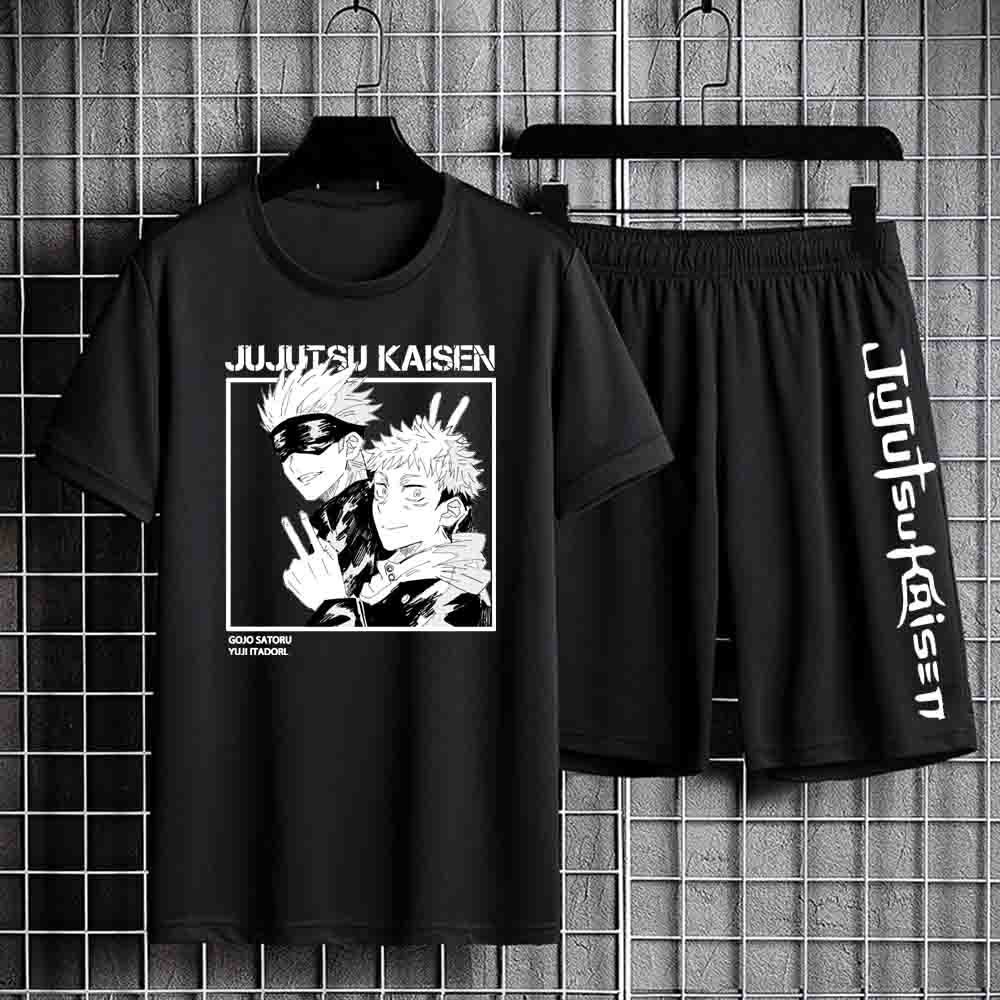 Anime Tshirt Unisex Sweatpants Male Jujutsu Kaisen Set Anime Short-set Short Sleeve Sets Streetwear Clothes for Men M