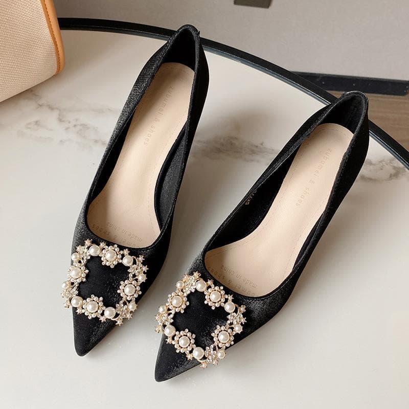 Single Shoes Women New Pointed High-heeled Wedding Shoes Fairy Fengshui Diamond Square Buckle Shoes Stiletto Women's Shoes 40