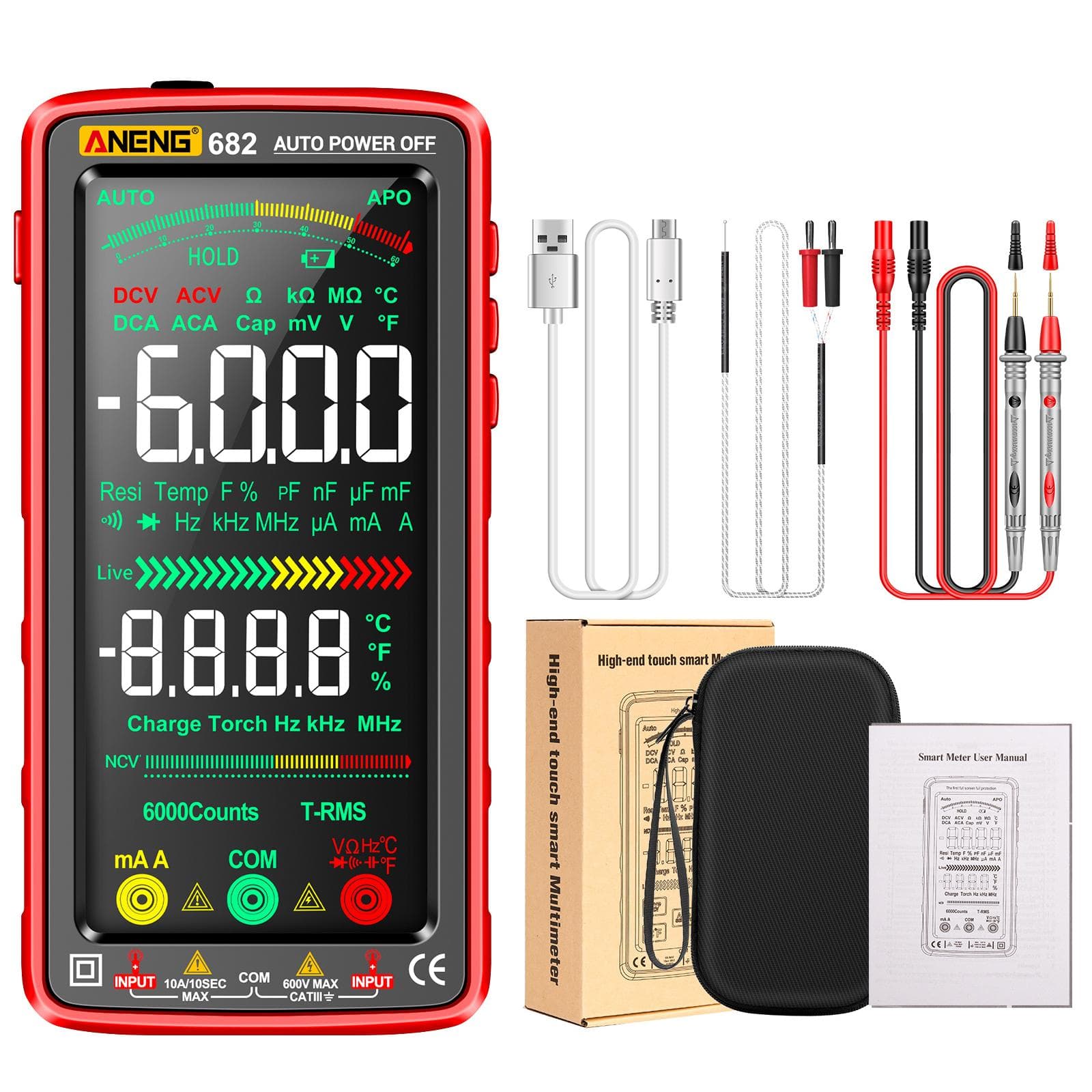 ANENG 682 6000 Counts Large LCD Digital Multimeter Smart Anti-burn Rechargeable Universal Meter VA red