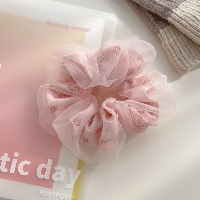 Summer Double Layer Silk Hair Scrunchies Girls Flower Print Sweet Ponytail Holder Elastic Hair Rope Korean Hair Accessories pink
