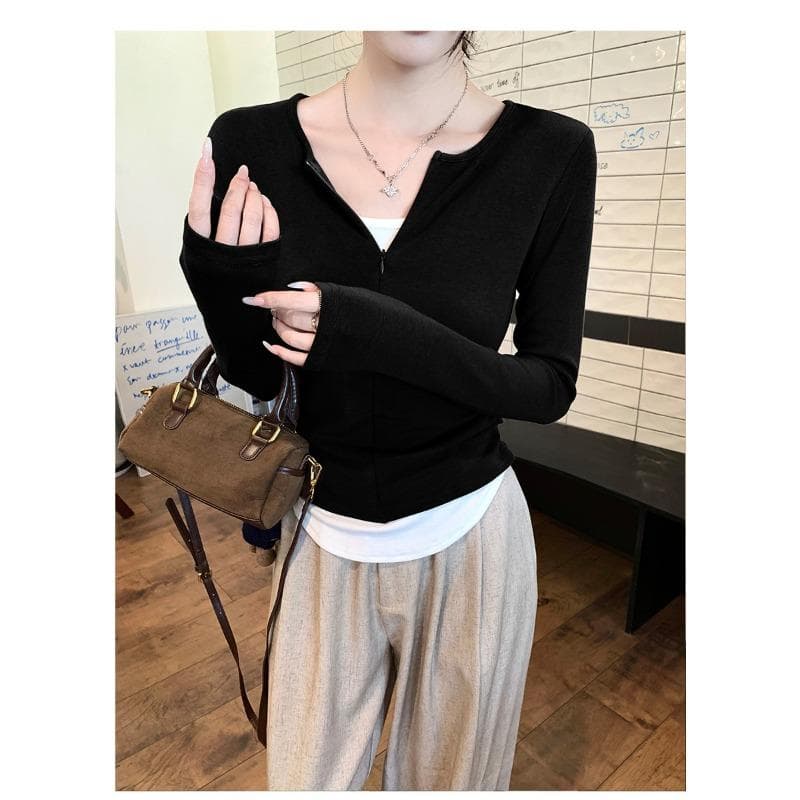 Zippered Fake Two-piece Long-sleeved T-shirt for Women's Spring New Slim Fit Pleated Inner Bottoming Shirt Niche Top 2XL