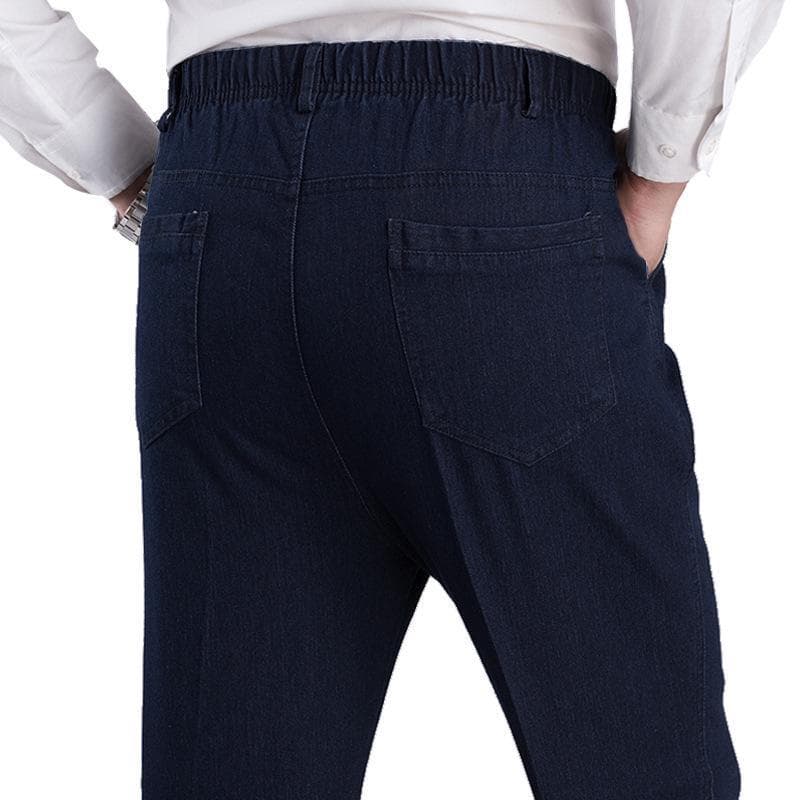 Men's High-Waist Elastic Jeans for Autumn/Winter - Loose, Deep Crotch, Casual Trousers for Middle-Aged and Elderly 5XL dark blue