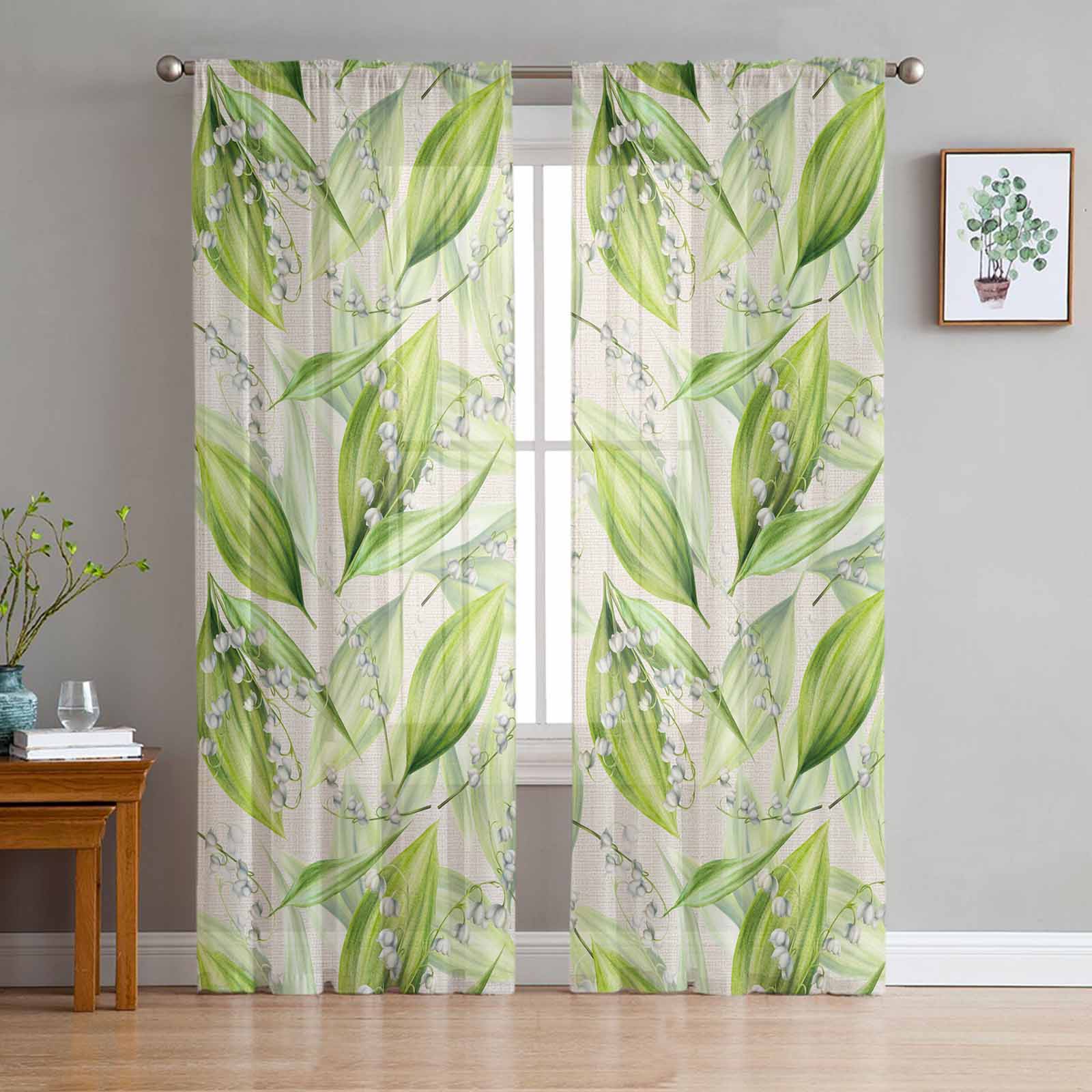 Lily Of The Valley Leaf Plant Tulle Window Curtains for Bedroom Luxury Home Decor Drapes in Living Room Chiffon Panels 135W x 114H(cm)