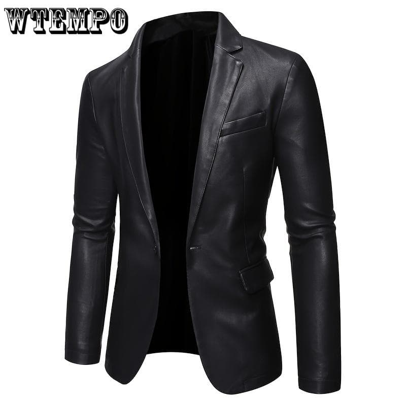 Men's Solid PU Leather Jacket with Pockets, One Button Slim-fit Lapel Outwear - for Business, Parties & Formal Occasions - for Men - PU Leather XXXXXL black