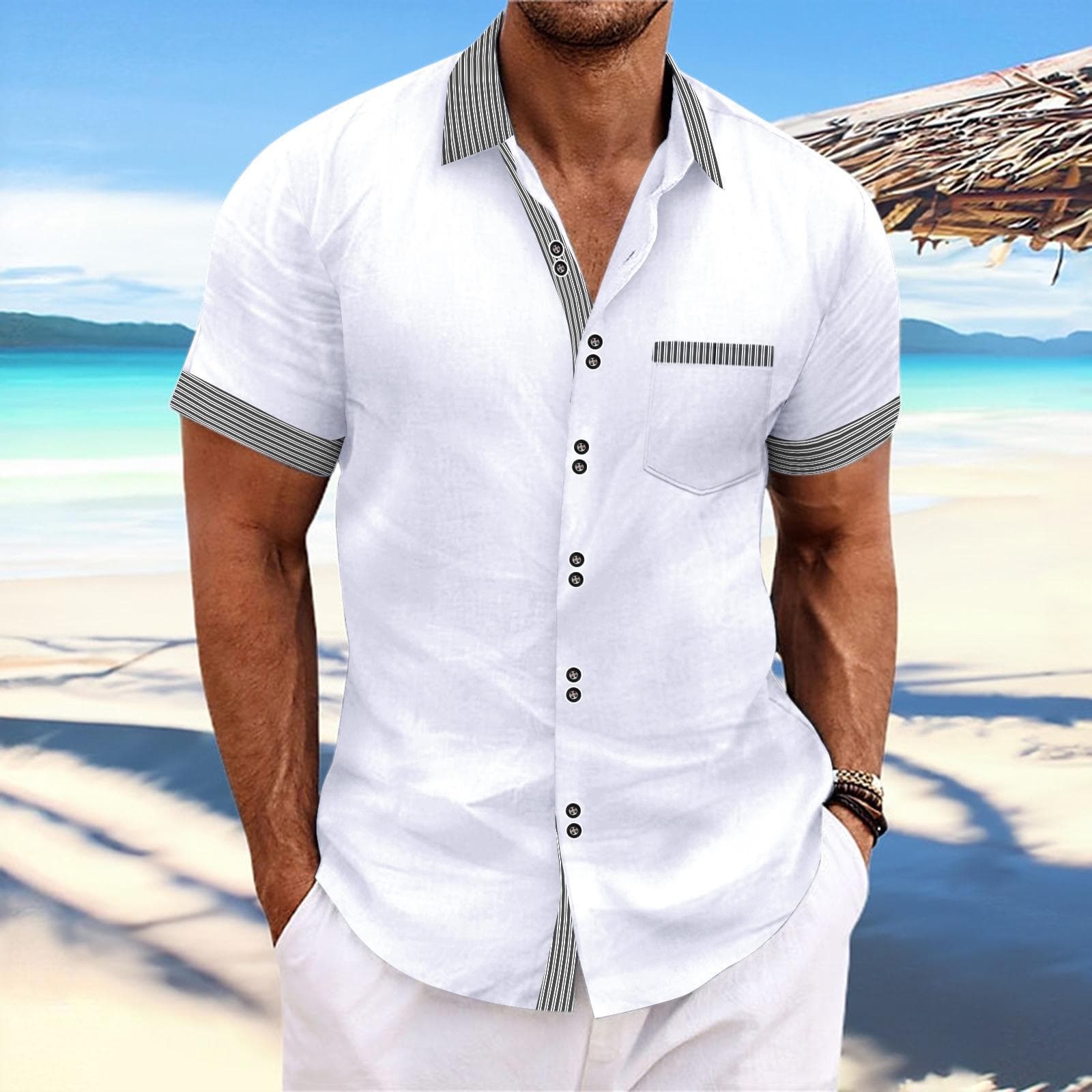 Men's 2024 Summer Fashion Striped Slim Fit Double-Button Business Casual Short-Sleeve Shirt XL white