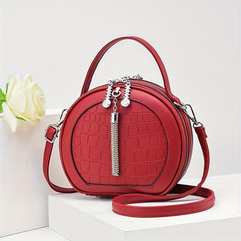 Round Crocodile Pattern Handbag, Fashion Mini Crossbody Bag, Women's Zipper Shoulder Purse burgundy