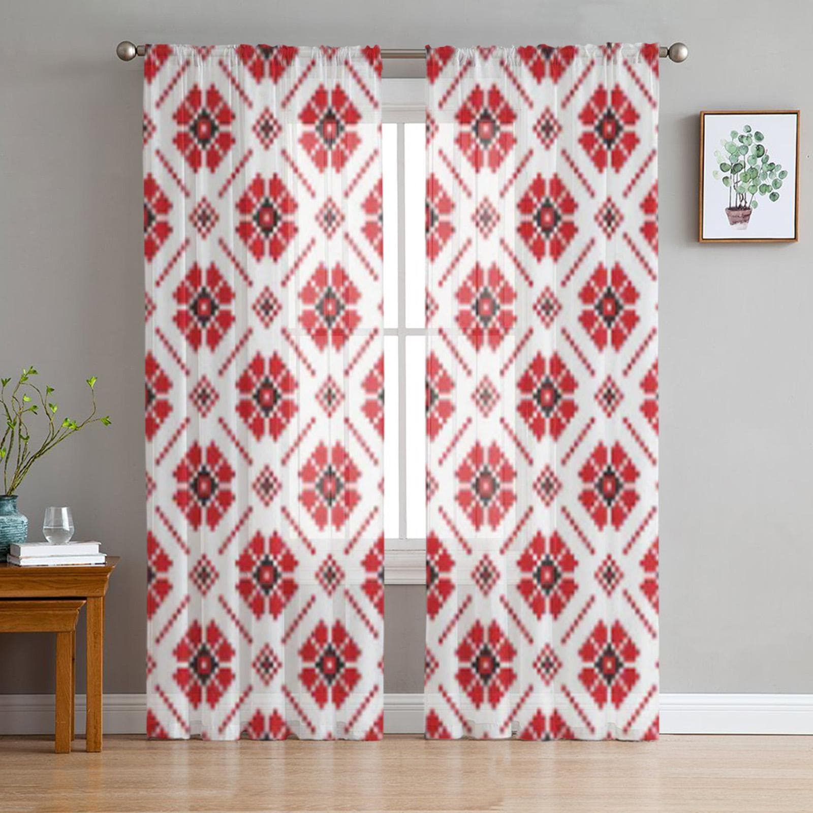 Ukrainian Ornament Sheer Curtains for Living Room Transparent Tulle Window Treatments Bedroom Kitchen Home Decor Veil Drapes 135W x 114H(cm)