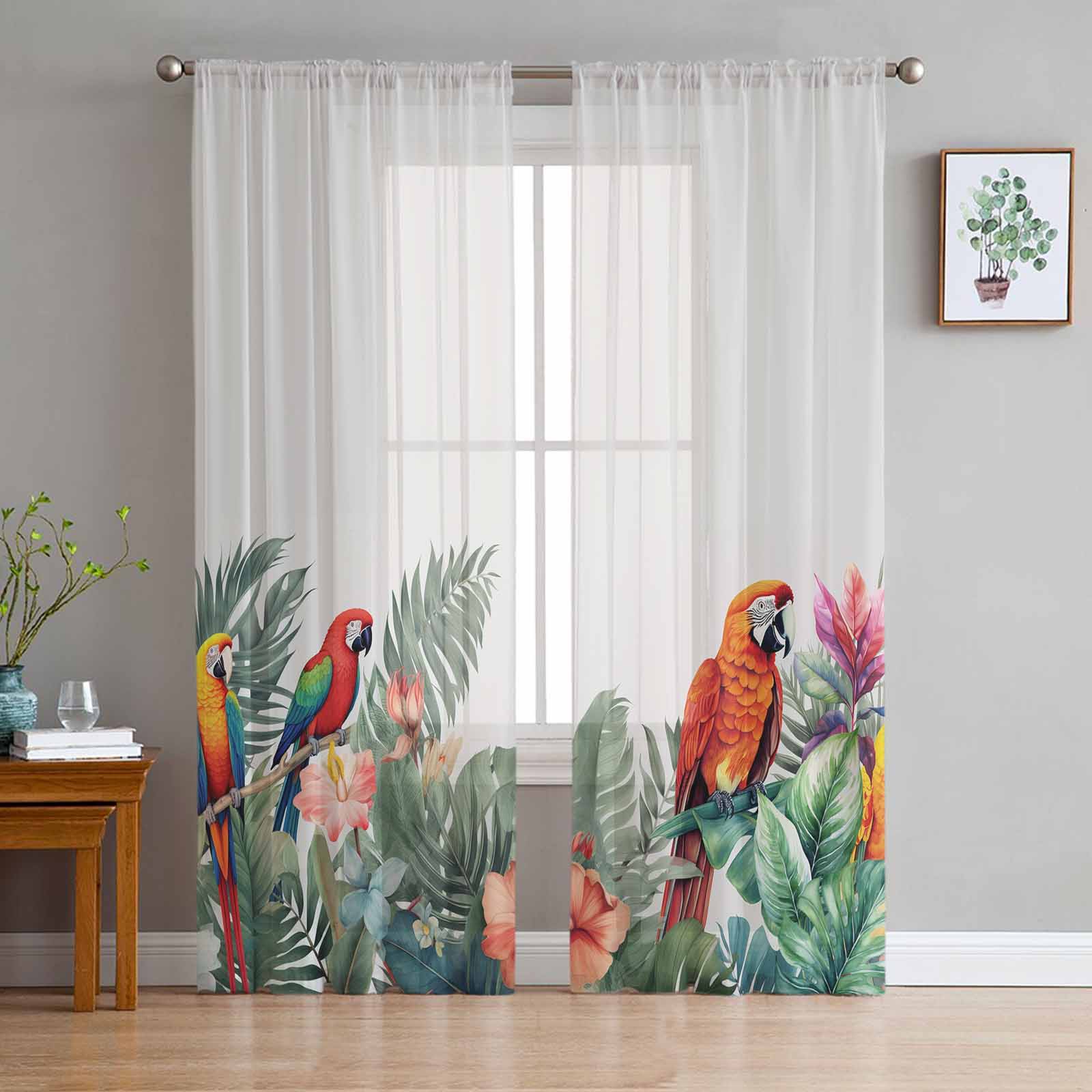 Summer Tropical Rainforest Plants Tulle Window Curtains for Bedroom Luxury Home Decor Drapes in Living Room Chiffon Panels 135W x 114H(cm)