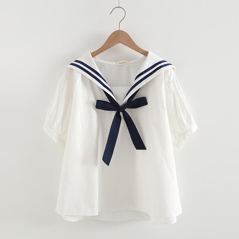 Summer Women Sailor Collar Shirts Pullover Short Sleeve Loose Blouses White Lady Tops one size