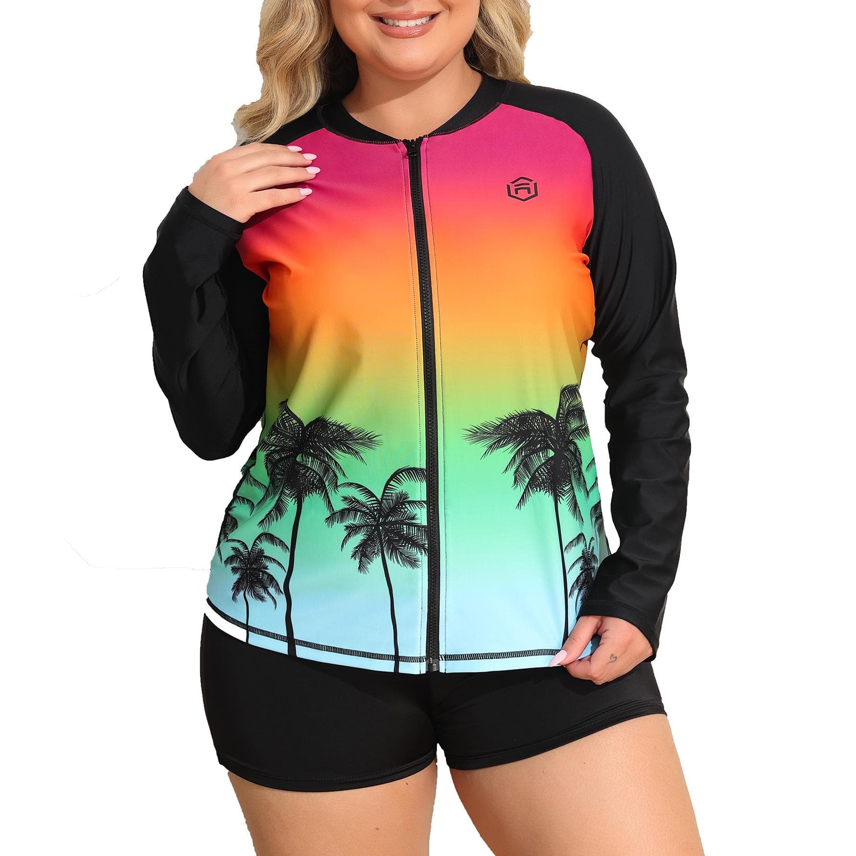 Charmleaks Women's Long Sleeve Rash Guard UV Sun Protection Zipper Gradient Swimsuit Top 2X black