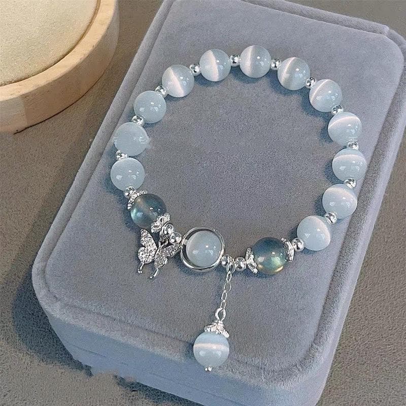 Fashion Beaded Bracelet for Women Cat Eye Stone Charm Bracelets Diamond Butterfly Pendant Bracelet Jewelry Gift for Girlfriend silver