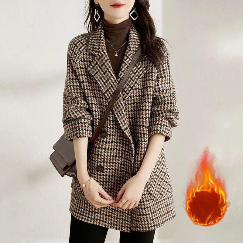 Houndstooth Woolen Coat for Winter New Versatile Warm Suit Collar Long Sleeve Jacket for Women L