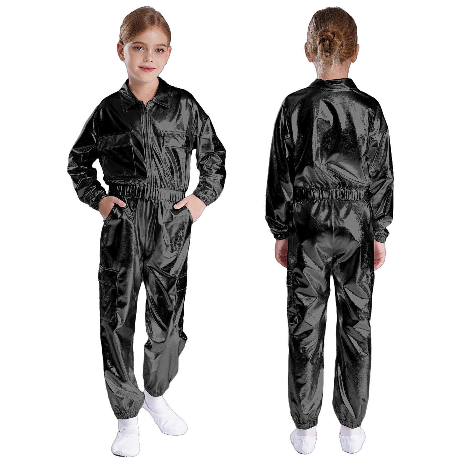 Kids Boys Girls Jazz Hip-Hop Street Dance Performance Costume Metallic Shiny Long Sleeve Athletic Jacket Coat with Pants Outfits 9-10 Years black