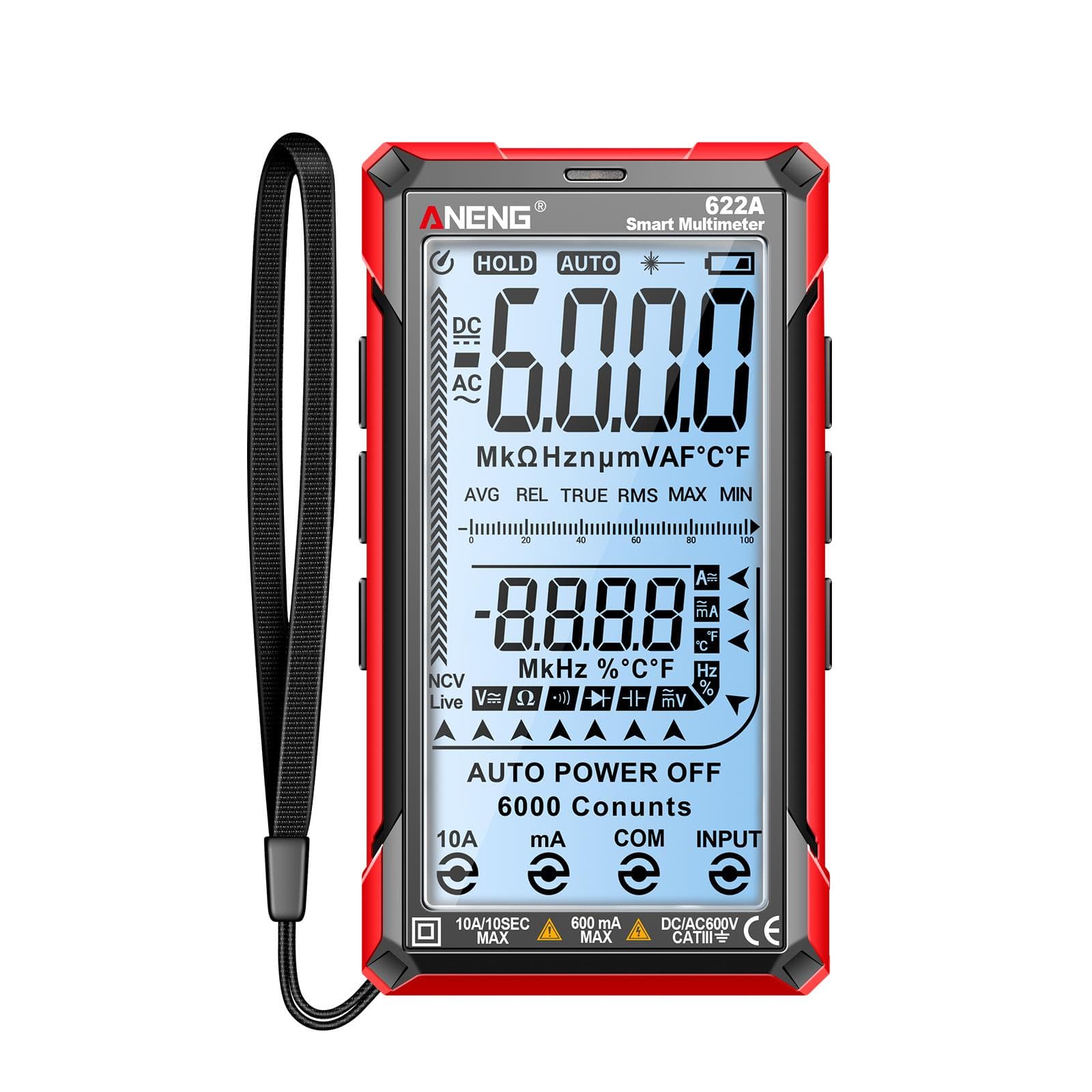 ANENG Digital Multimeter Tester Smart Touch Auto-Ranging 6000 Counts Rechargeable Anti-burning Ohm Style A red black
