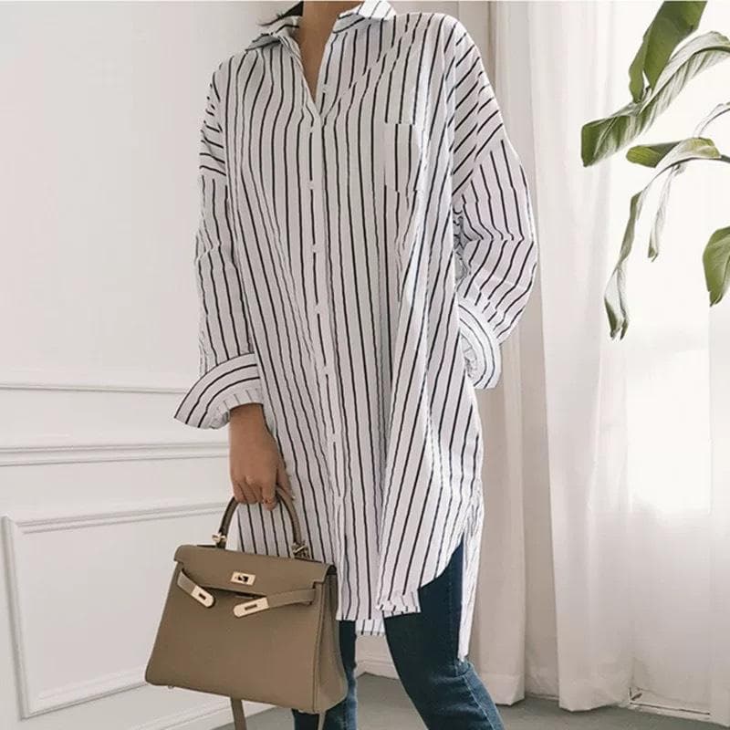 Spring and Summer New Medium and Long Loose Striped Shirt Women's Large Size XL