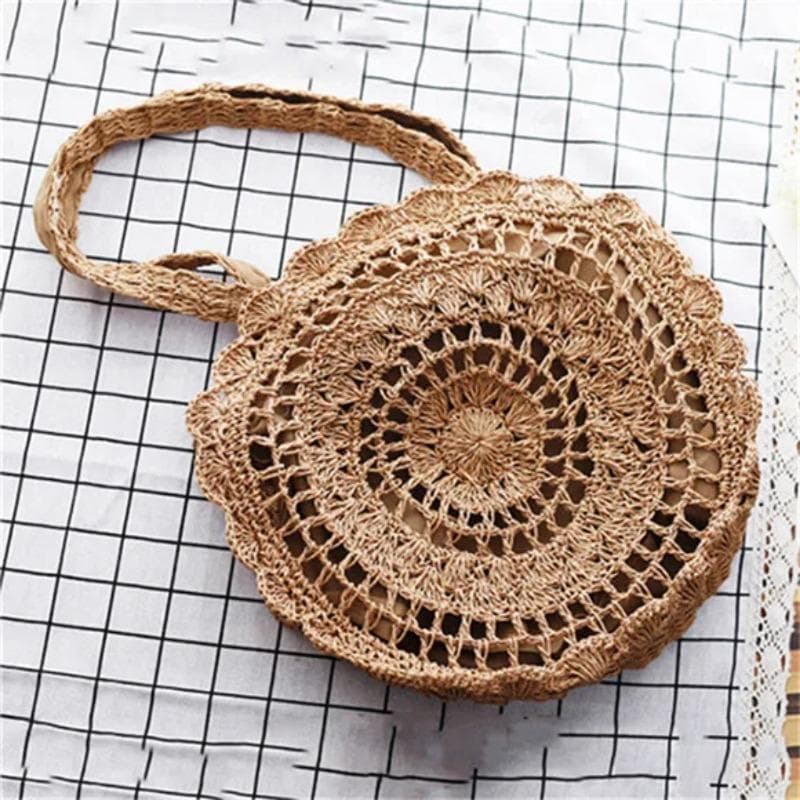 Bohemian Straw Bags for Women Circle Beach Handbags Summer Rattan Shoulder Bags Handmade Knitted Travel Big Totes Bag New khaki