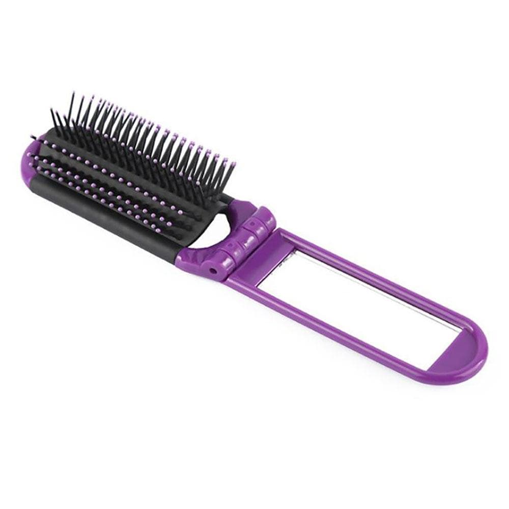 1pc Portable Travel Hair Comb Foldable Hair Brush with Mirror Detangling Hair Brush Anti Static Massage Brush Hair Styling Tools purple
