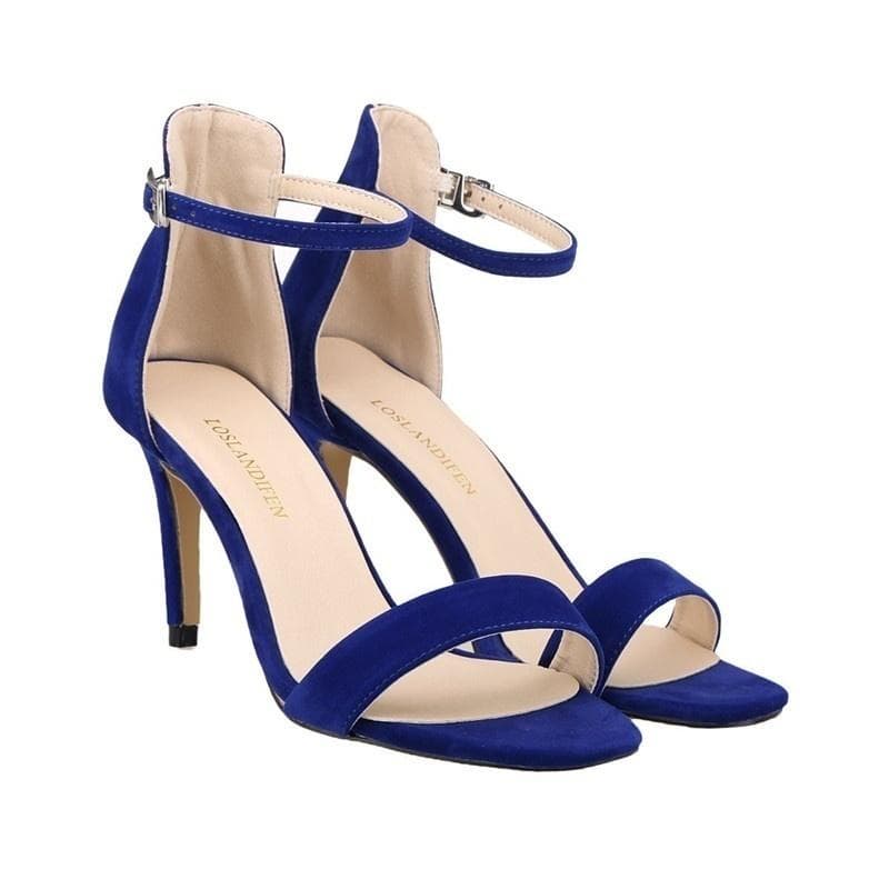 Ladies Womens Suede Mid High Heel Sandal Peep Toe Summer Casual Ankle Strap Shoes shoe 39 blue