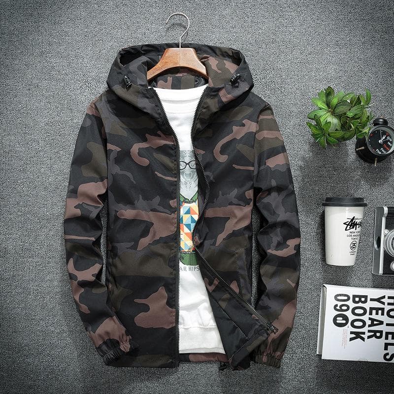Camouflage Windbreaker Coat Spring and Autumn Student Couple Hooded Windbreaker Men's and Women's Cardigan Long Sleeve Outer Coat 3XL brown