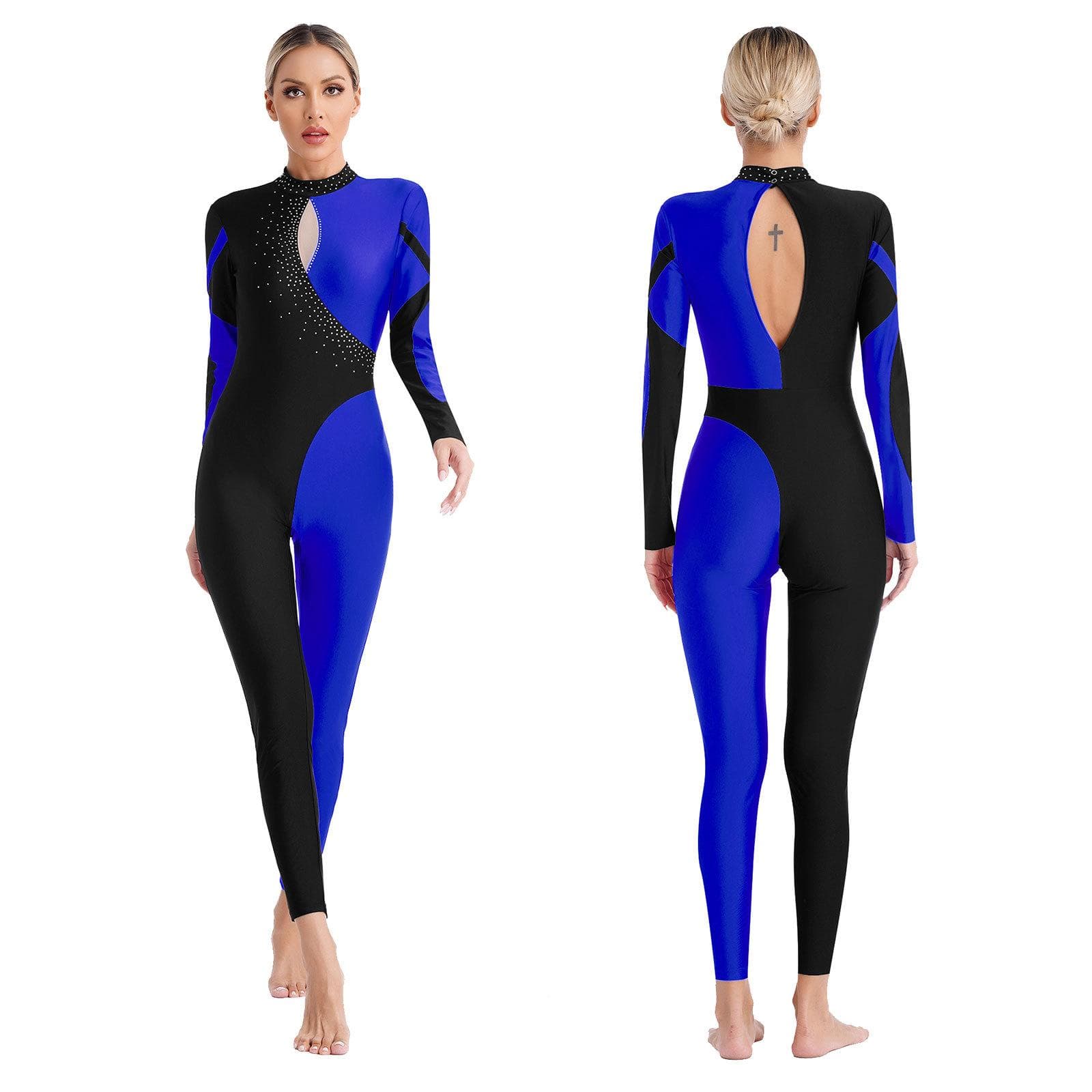 Women Shiny Rhinestone Gymnastics Leotard Unitard Full Length Figure Ice Skating Jumpsuit XL blue