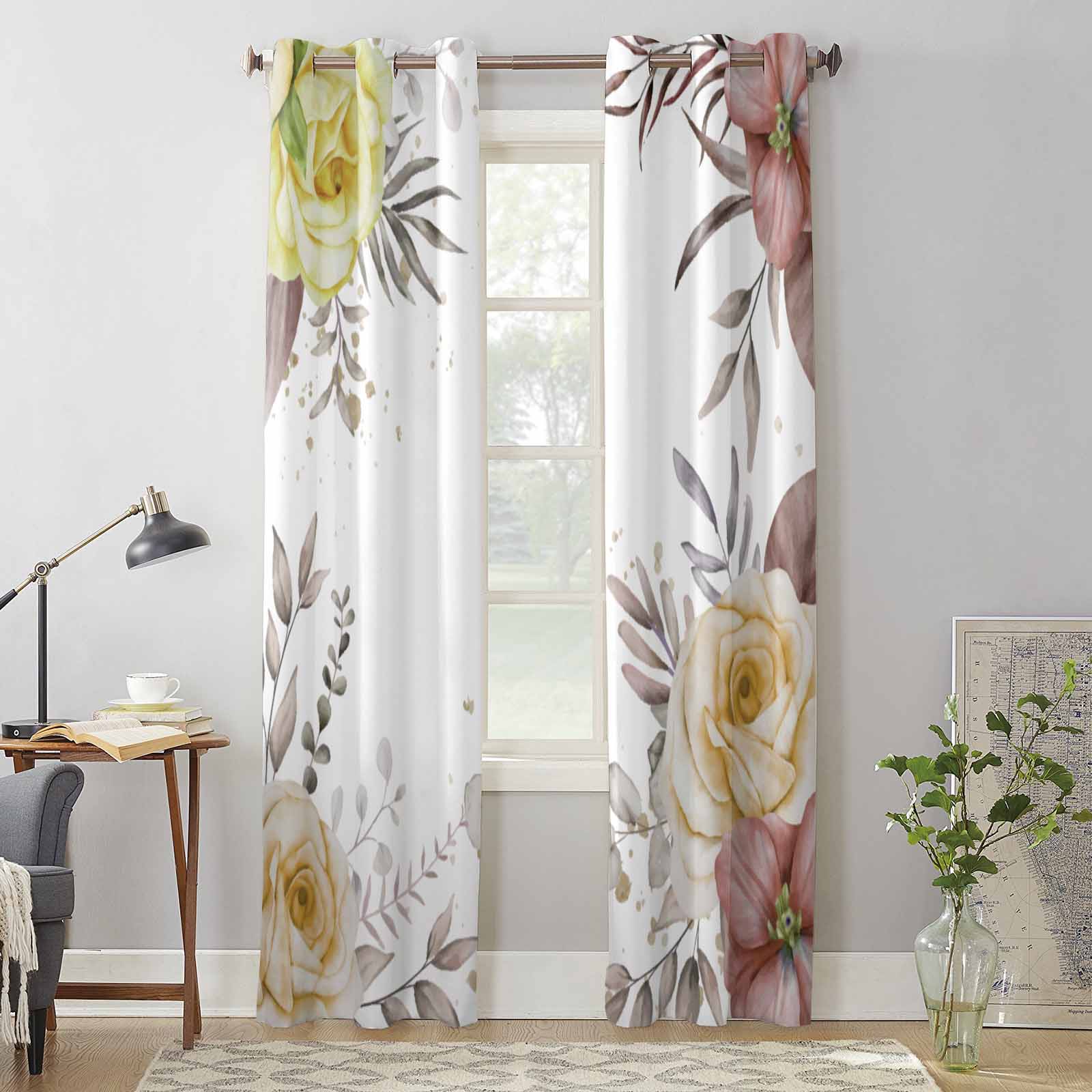 Plants Flowers Watercolor Window Curtains for Living Room Bedroom Curtain Modern Kitchen Blinds Drapes Curtains 135W x 60H(cm) x1