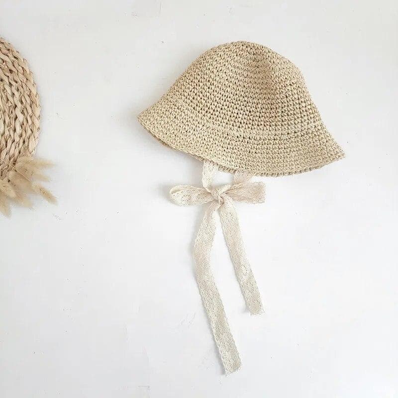 Fashion Lace Baby Hat Summer Straw Bow Baby Girl Cap Beach Children Panama Hat Princess Baby Hats and Caps for Kids 1PC 48-53 white
