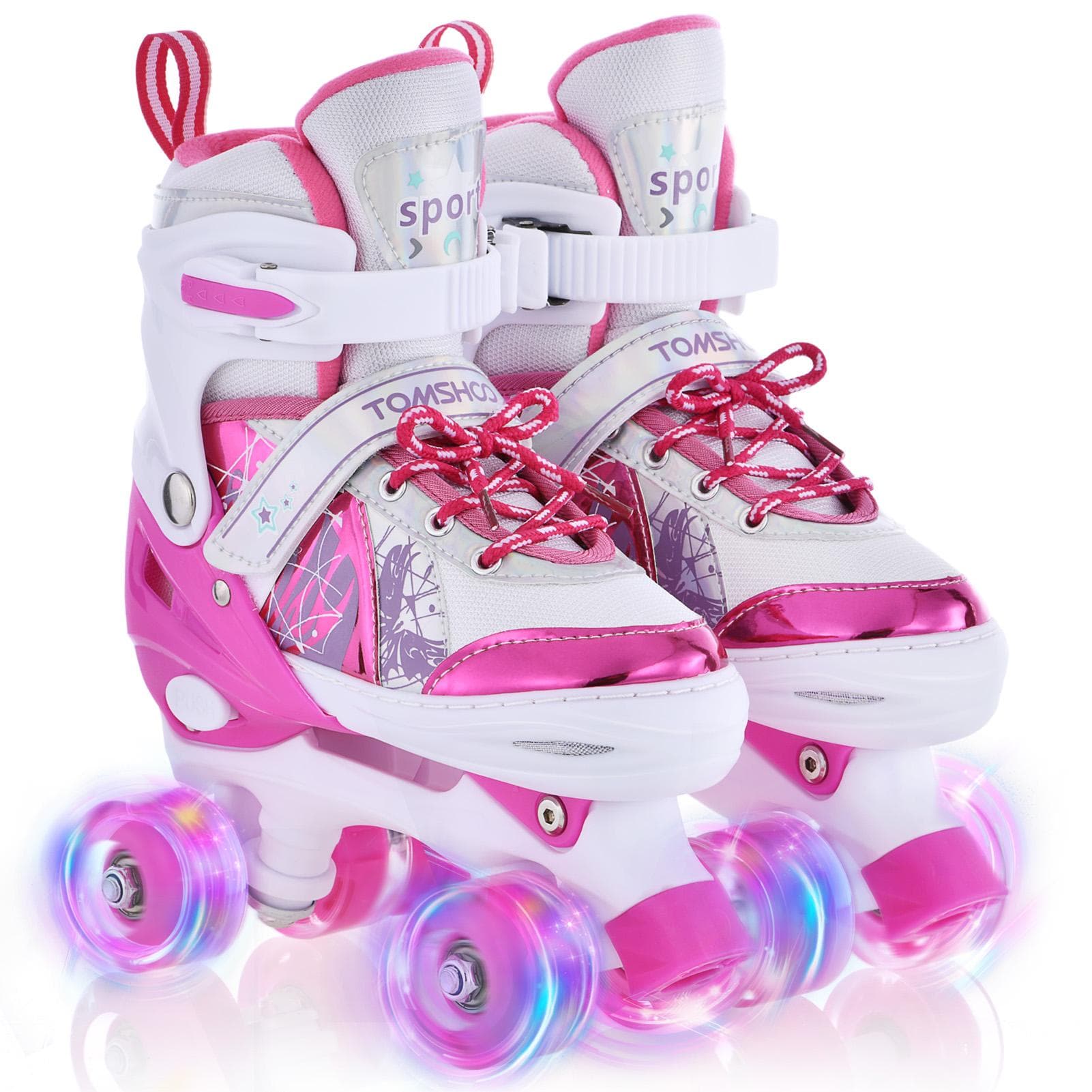 Roller Skates for Girls Boys for Kids 4 Size Adjustable Light Up M pink