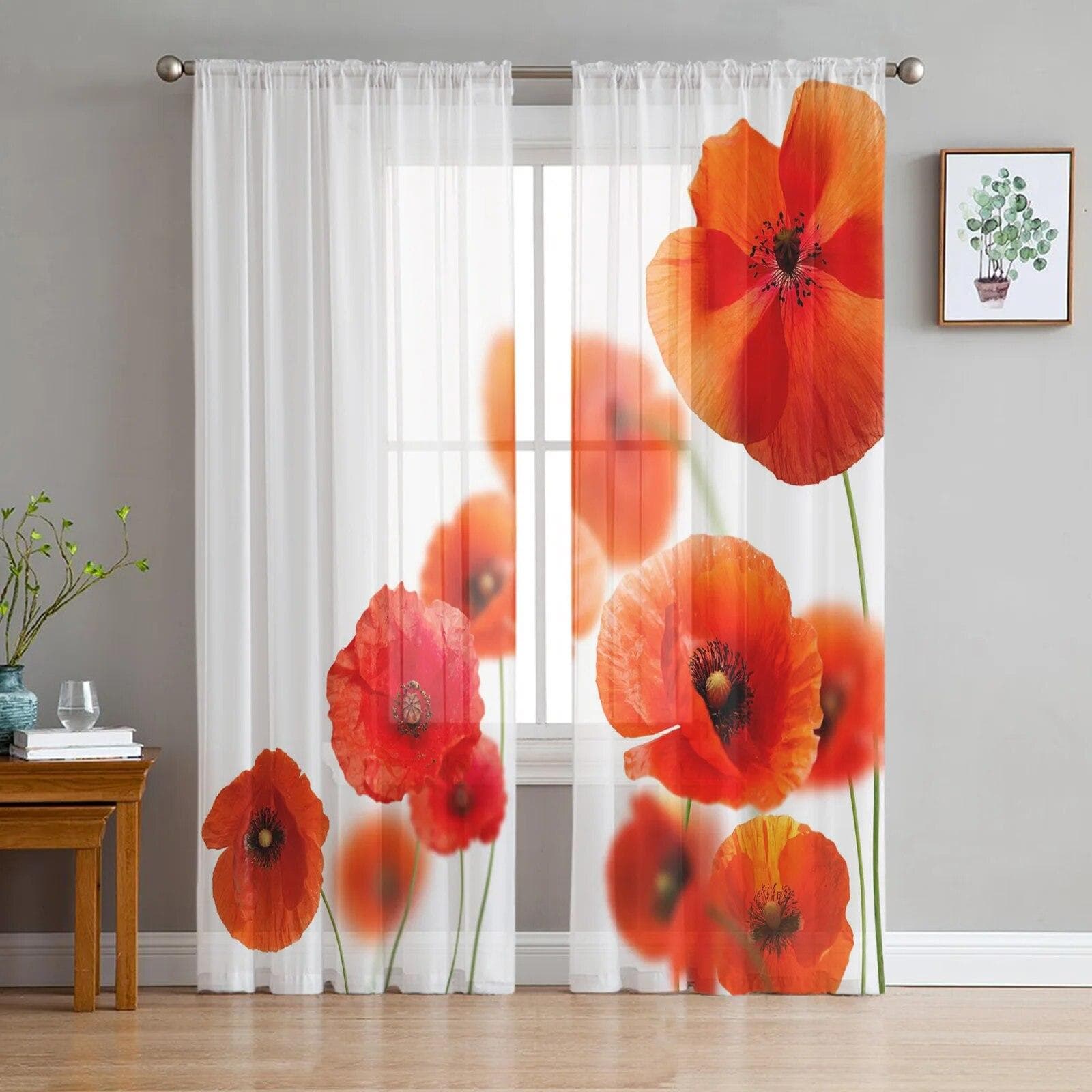 Youth Bedroom Sheer Curtains Retro Wood Grain Red Poppies Kitchen Study Curtains Living Room Holiday Decor Tulle Curtains 135W x 114H(cm)
