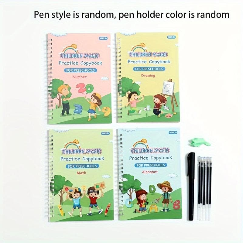 4 Books+1 Pen+5 Refills +1 Pen Holder, Children's Copybook, Children's Practice Book, Magic Word Book, Early Childhood Education Workbook 11-piece set
