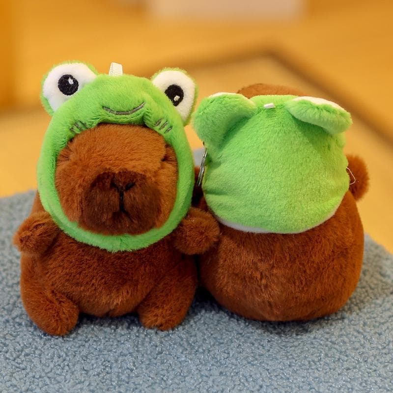 Cartoon Removable Strawberry Frog Hat Capybara Doll Keychains Women Cute Plush Creative Backpack Pendant Gifts A4
