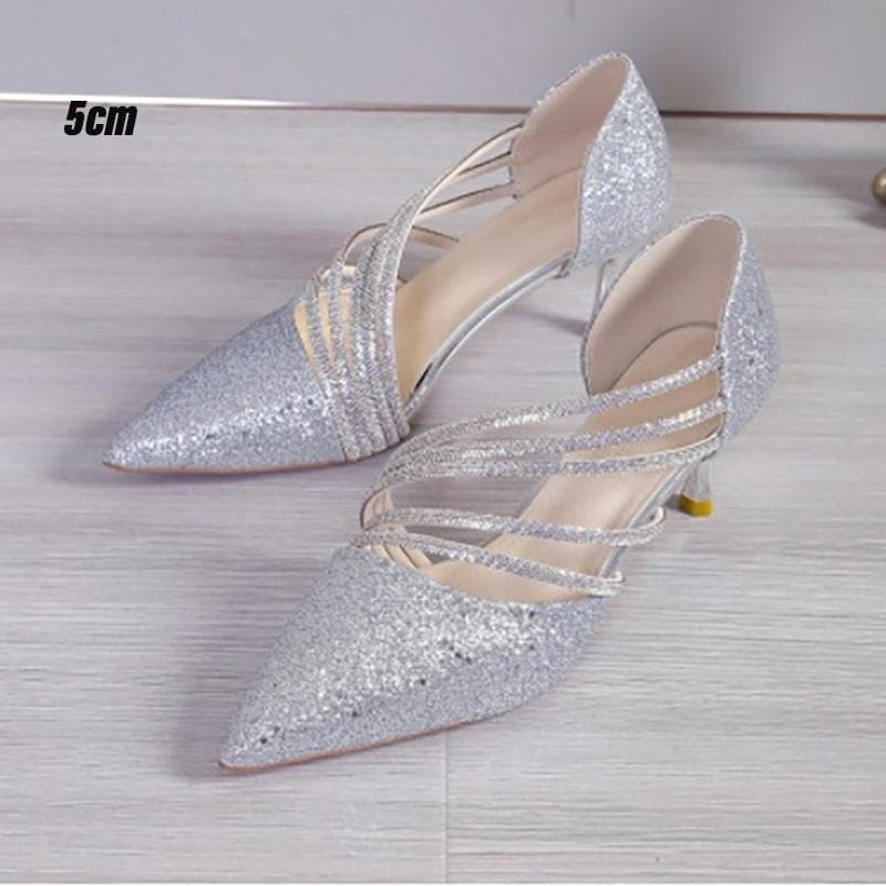 Sexy Pointed Toe Champagne Ladies High Heels Shiny Crystal Wedding Bridal Shoes Simple Elegant Women's Dress Shoes 33EU/CN34