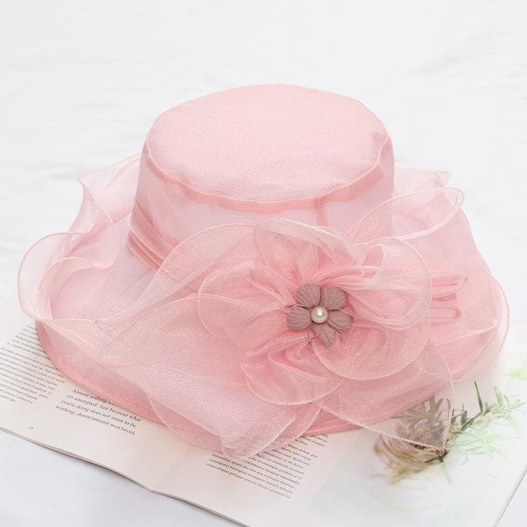 Mesh Flower Organza Sun Hat Wide Brim Derby Hat Solid Color Breathable Elegant Church Hat Wedding Bridal Bucket Hat Beach Hats for Women Adjustable