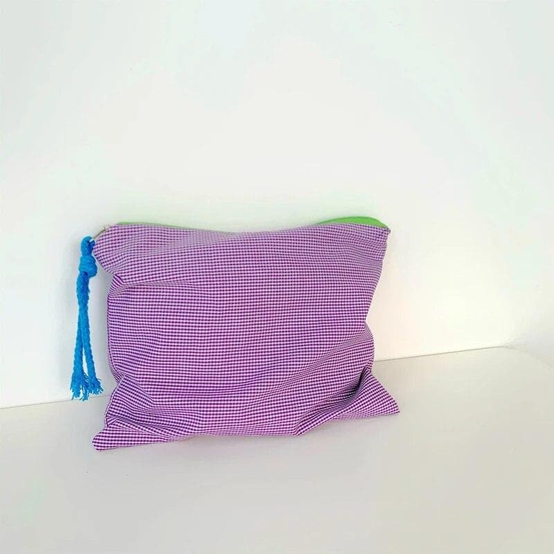 Women Girls Plaid Makeup Bag Cotton Cosmetic Bag Zipper Pouch Simple Portable Large Capacity Storage Bag Fashion purple