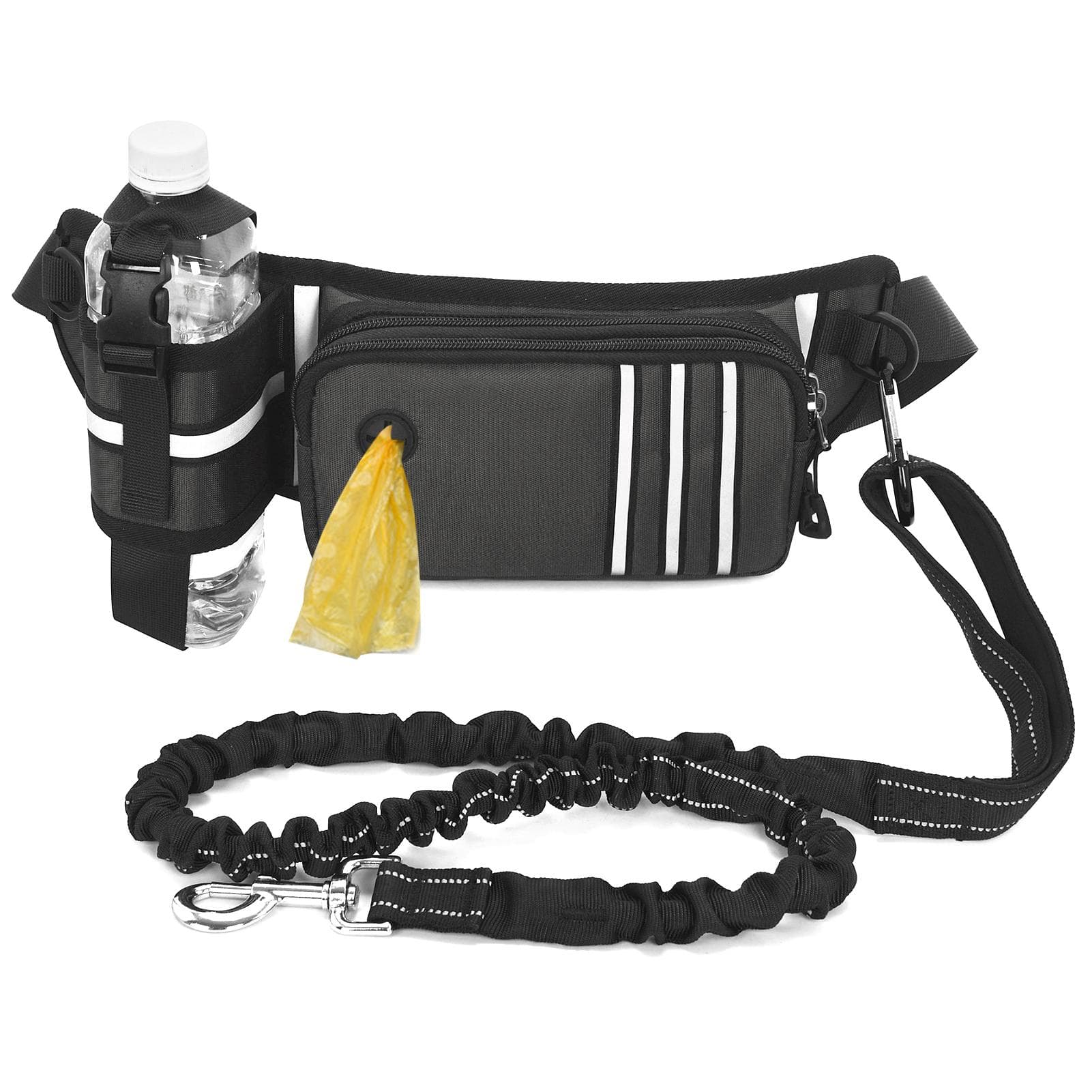 Hands Free Dog Leash Waist Bag Reflective Waist Pouch with Retractable Bungees Poop Bag Dispenser grey