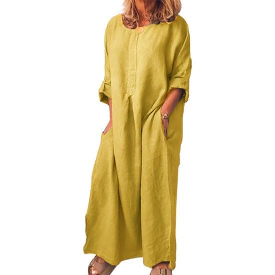 Newest Women Vintage Solid Color Long Sleeve O Neck Pockets Maxi Dress Tunic Kaftan 2XL yellow