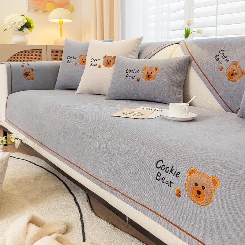 New Cartoon Sofa Cover Solid Color Chenille Universal Anti-slip Sofa Covers for Living Room Embroidered Little Bear Couch Covers 70x70cm 1pcs